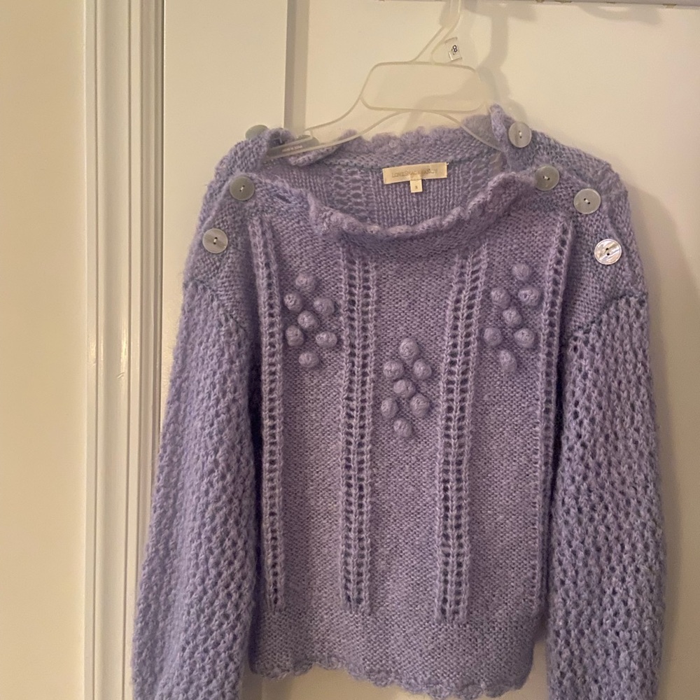 LoveShackFancy Purple Crew Neck Sweater with Scalloped Trim